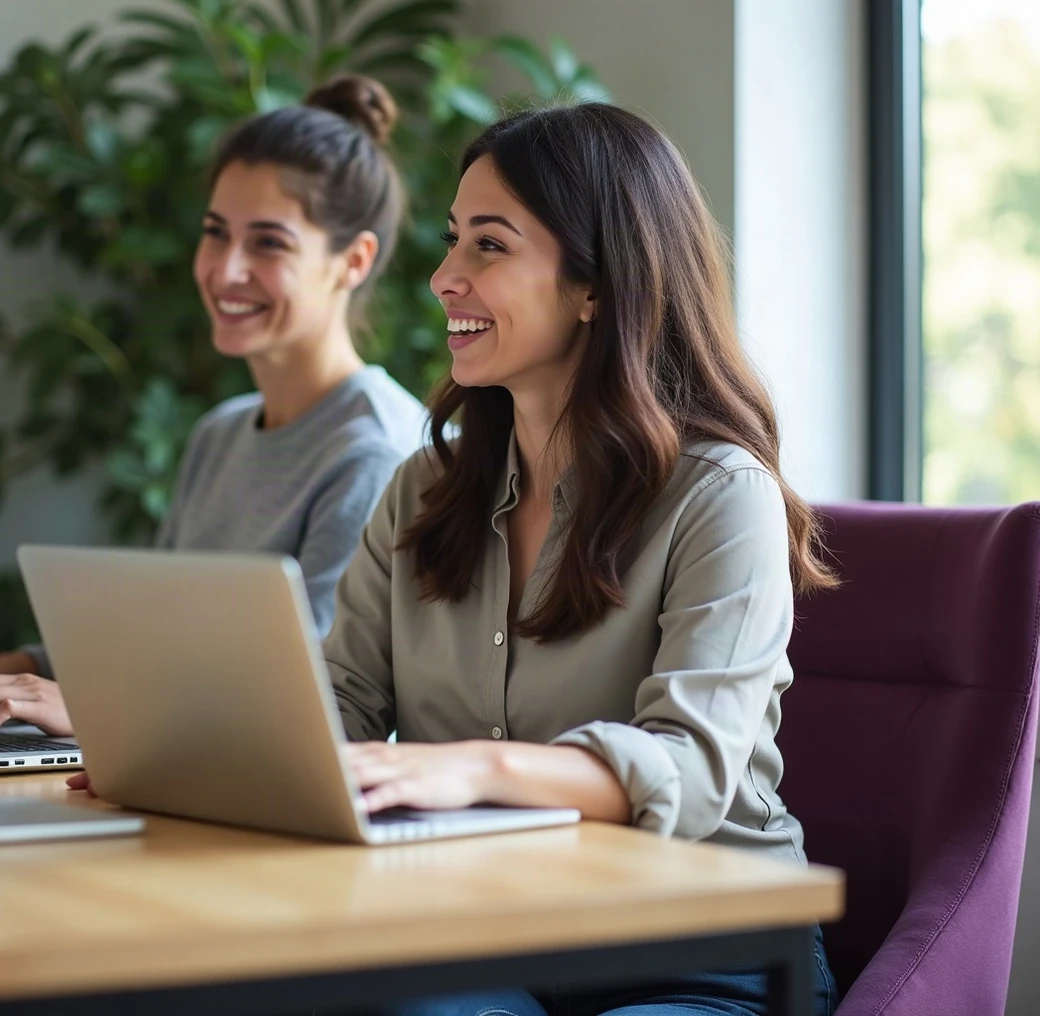 Two coworkers smiling at a desk in a bright office, one working on a laptop
