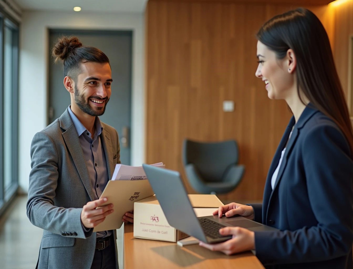 An IT coordinator hands a smiling new employee a boxed laptop at a front desk
