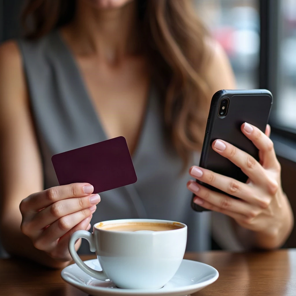 A person at a cafe holds a company card and photographs a receipt with a phone