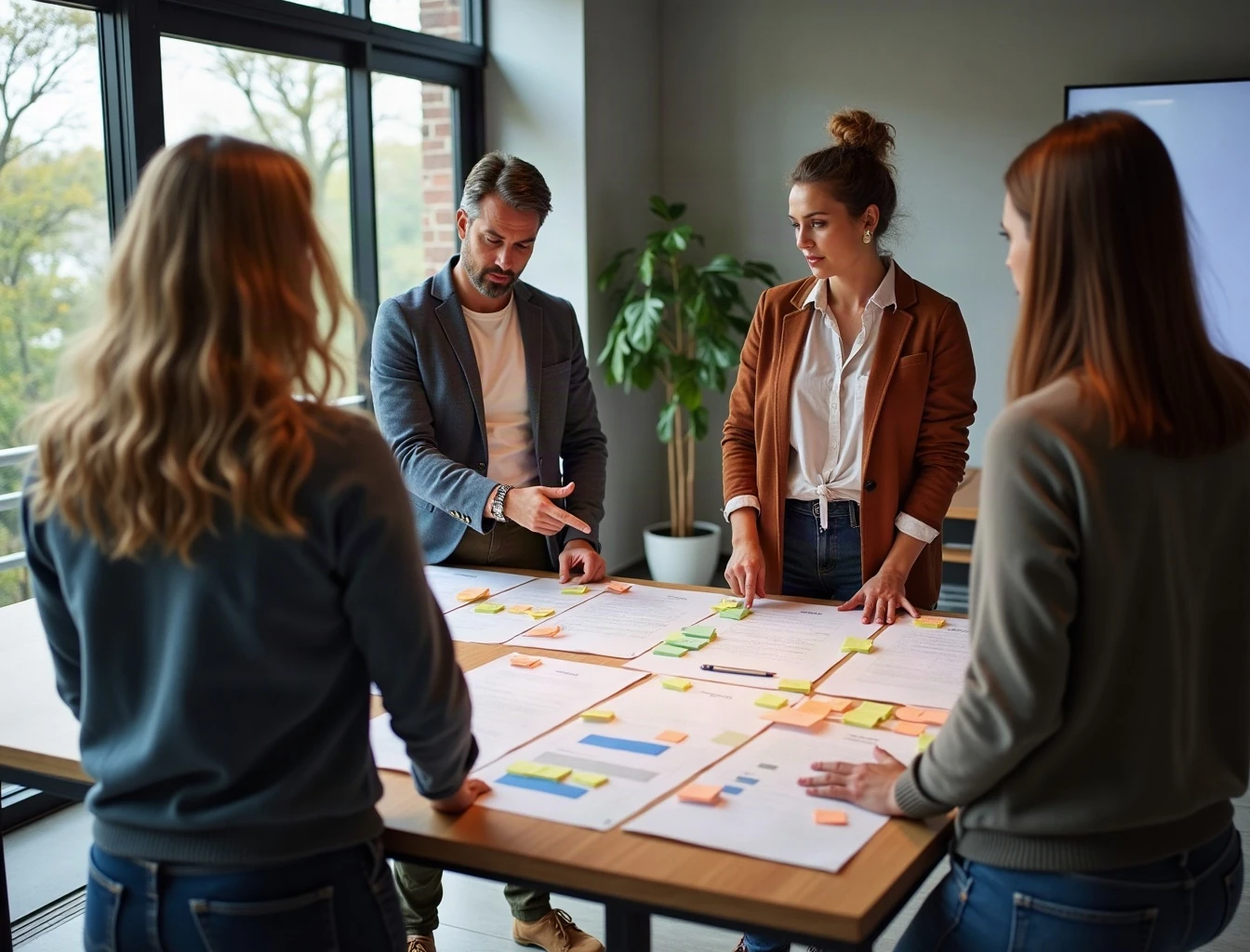 A small team stands around a table planning with printed org charts and sticky notes